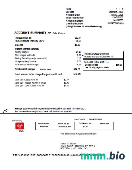 Szablon rachunku za media Canada Virgin Plus w formatach Word i PDF